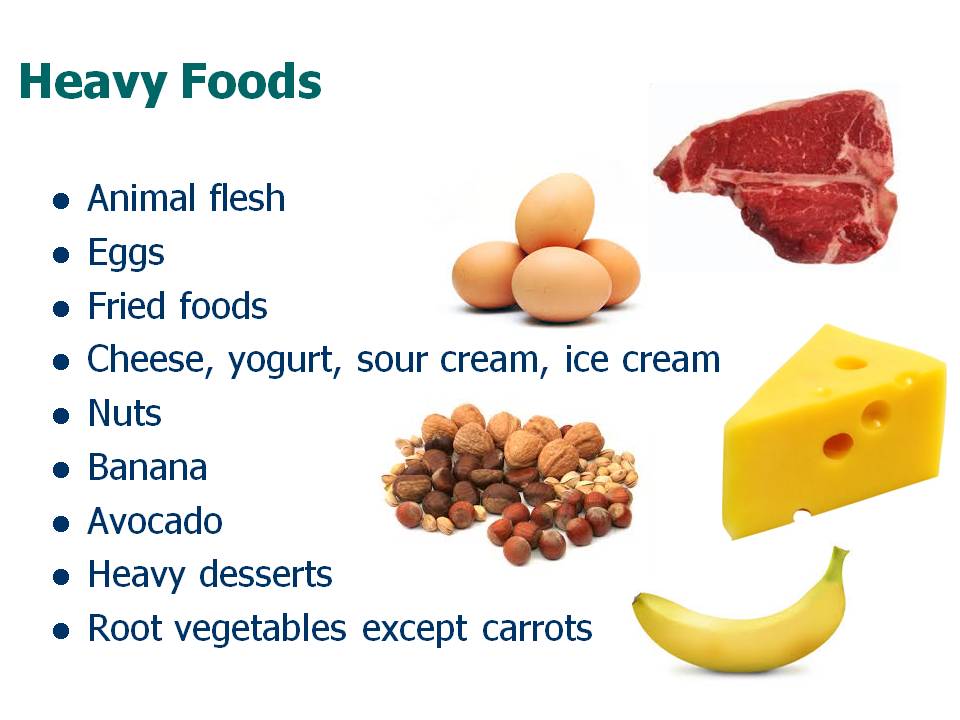 Heavy food includes egg, meats, root vegetables, avocado, banana, cheese, sour cream, yogurt, nuts and fried food